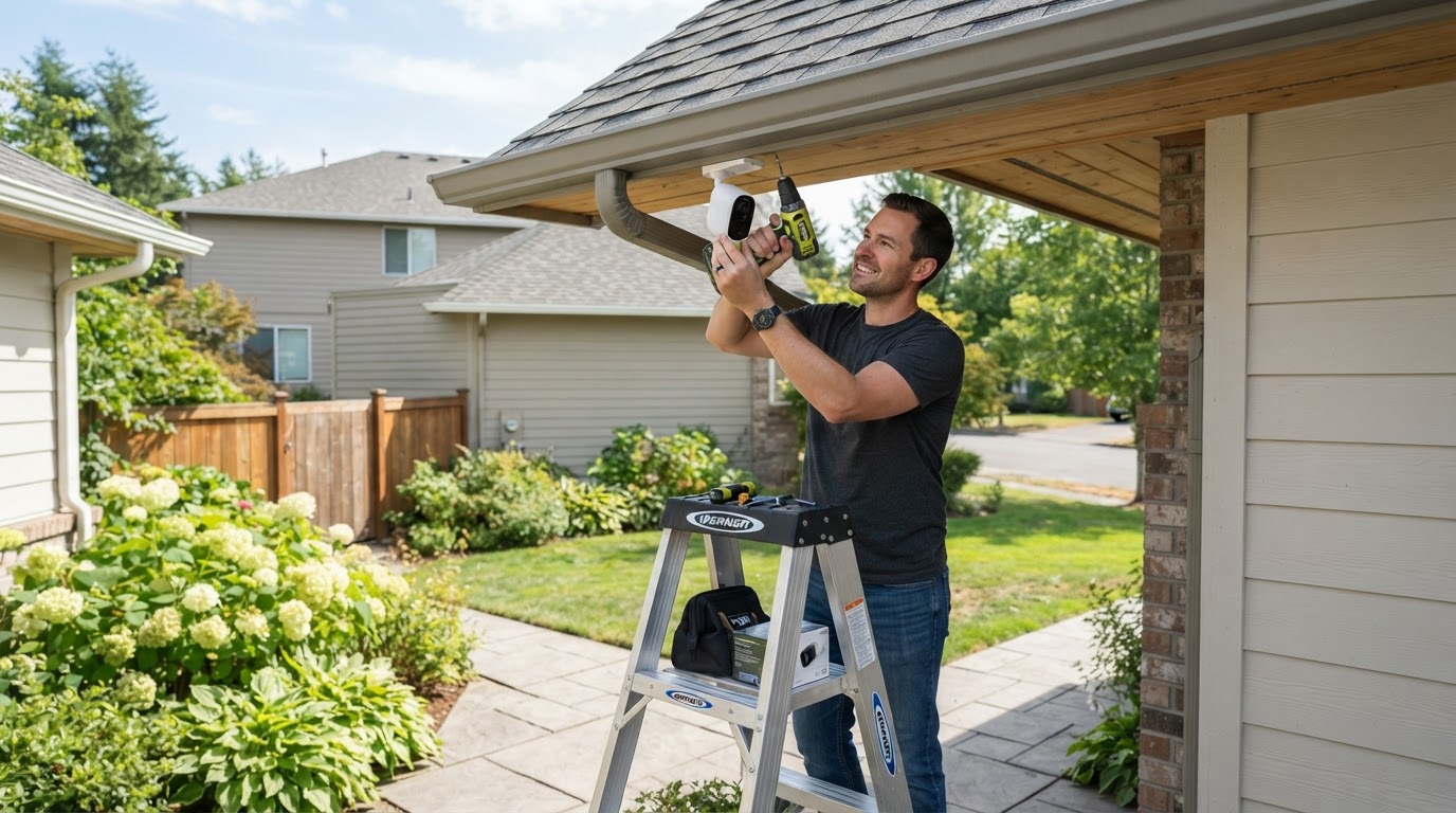 Homeowner installing a wireless security camera under the eaves of a house